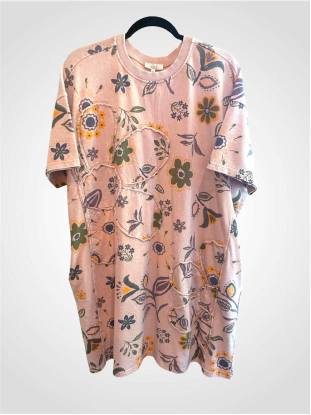 Easel Oversized Floral Print and Daisy Patch Washed Terry Knit Dress Size S